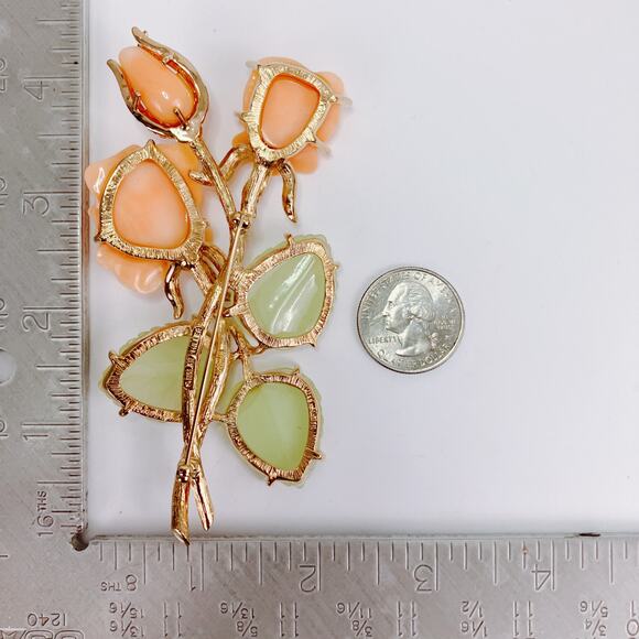 Nolan Miller Ann Margaret Faux Coral & Jade Rose Brooch Pin Rhinestones Large - Picture 10 of 12